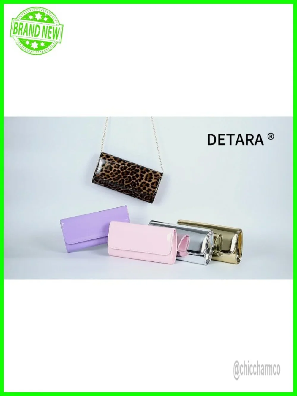 Patent Leather Envelope Clutch Evening Bag with Chain Strap
